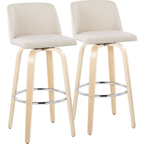 Toriano 30" Swivel Bar Stool in Natural Wood & Cream Noise Fabric with Chrome Footrest (Set of 2)